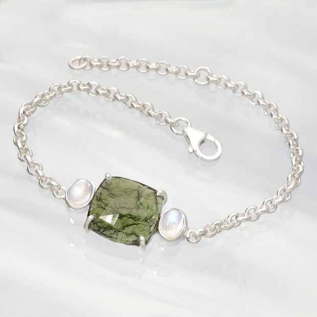 Genuine Moldavite & Moonstone Silver Bracelet