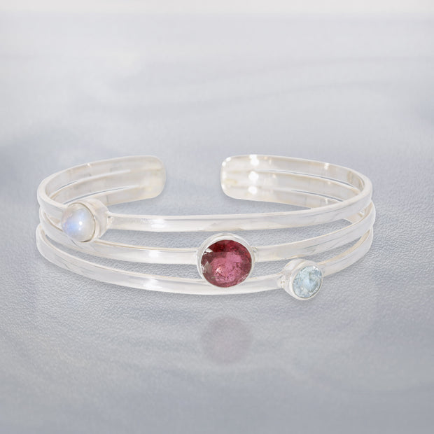 Pink Tourmaline, Moonstone & Aquamarine Silver Bracelet