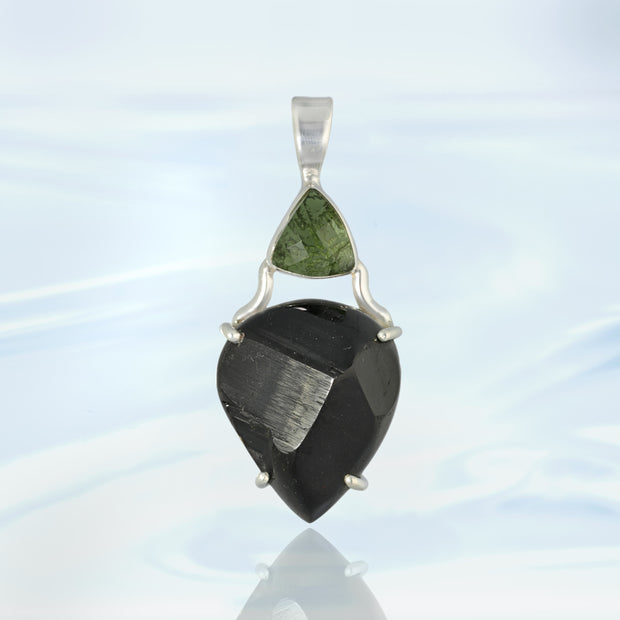 Genuine Moldavite & Black Tourmaline Pendant