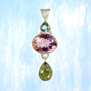 Aquamarine, Amethyst & Moldavite Faceted Gem Pendant