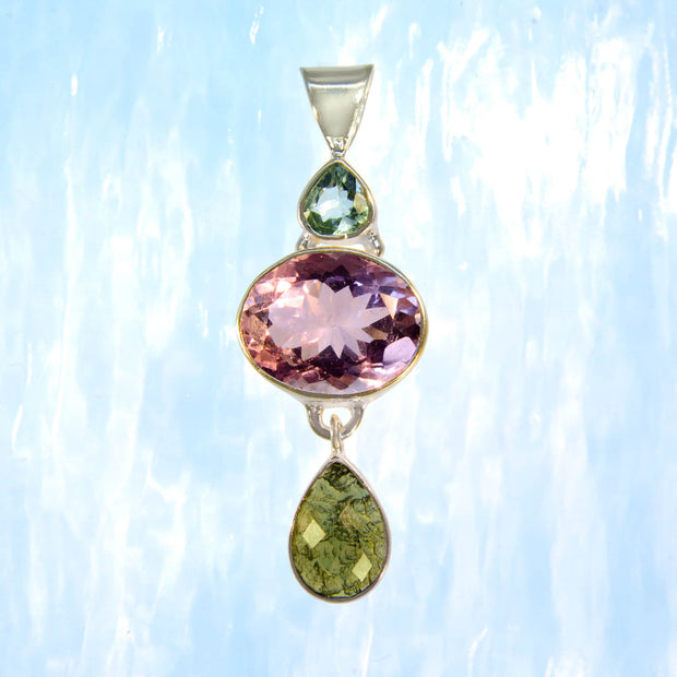 Aquamarine, Amethyst & Moldavite Faceted Gem Pendant