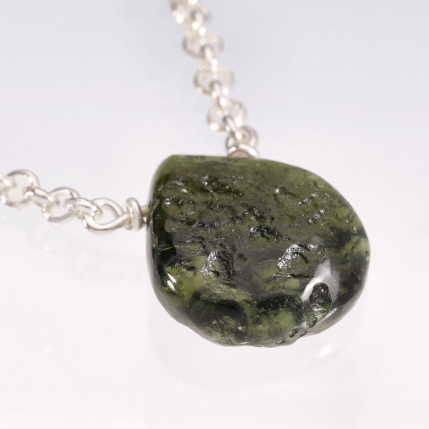 Polished Genuine Moldavite Silver Necklace