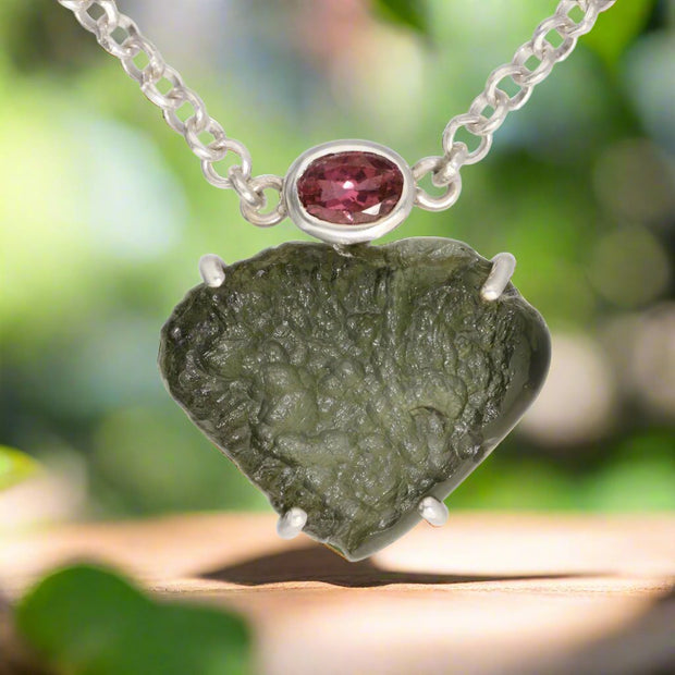 Pink Tourmaline & Moldavite Silver Necklace