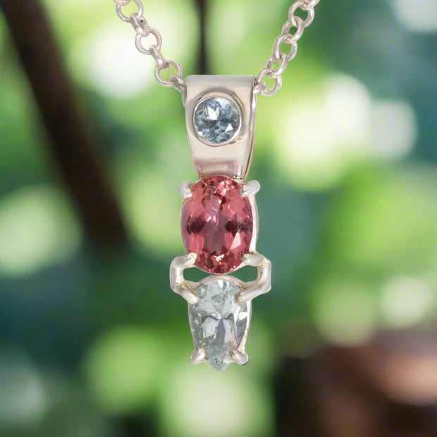 Aquamarine & Pink Tourmaline Silver Necklace