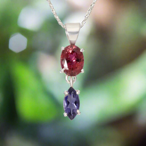 Pink Tourmaline & Iolite Silver Pendant