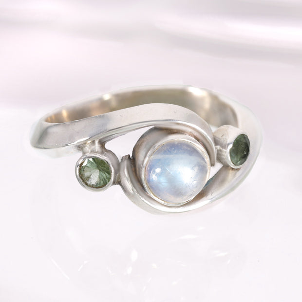 Moonstone & Green Tourmaline Ring Size 6