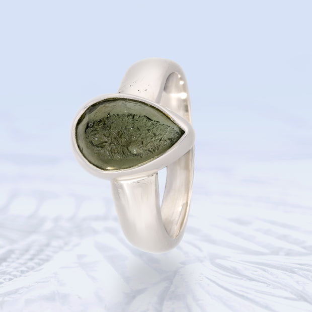 Polished Czech Moldavite Ring Size 6 1/2