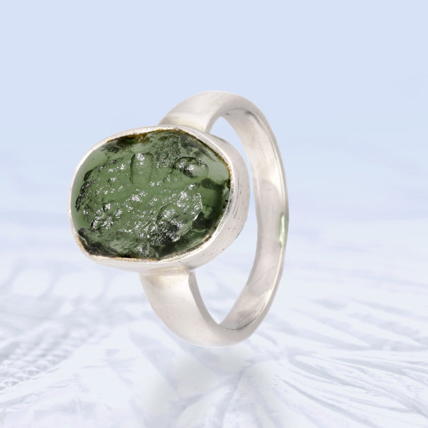 Polished Czech Moldavite Ring Size 6 1/2