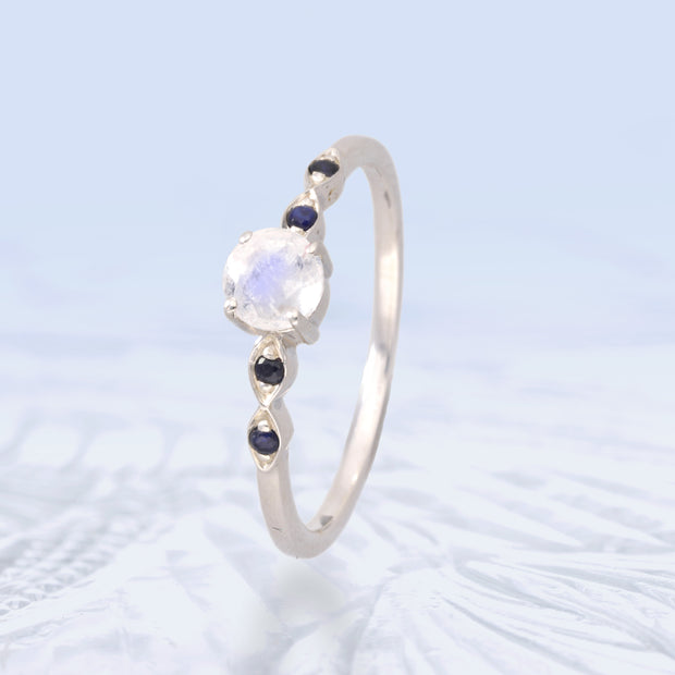 Moonstone & Sapphire Silver Ring Size 8 1/2