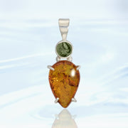 Moldavite & Amber Silver Pendant