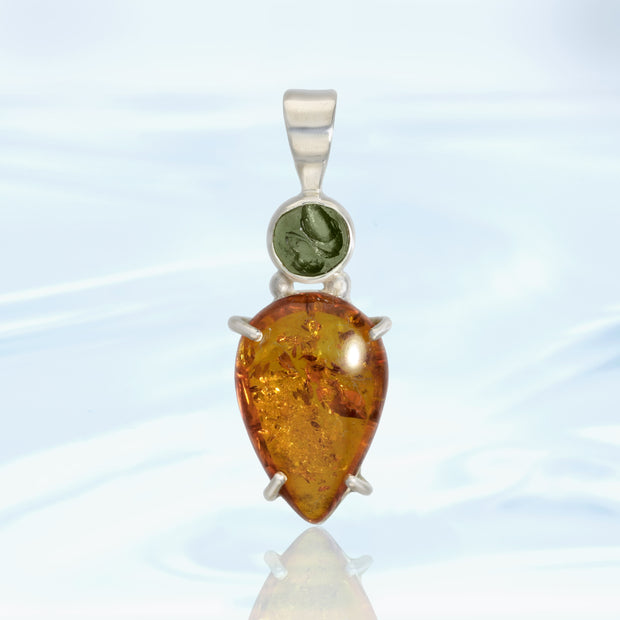 Moldavite & Amber Silver Pendant