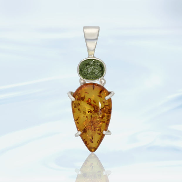 Moldavite & Amber Silver Pendant