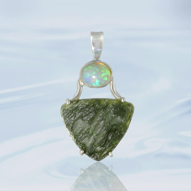 Fiery Opal & Moldavite Silver Pendant