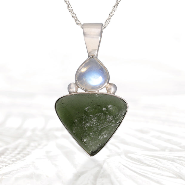 Moonstone & Moldavite Silver Pendant