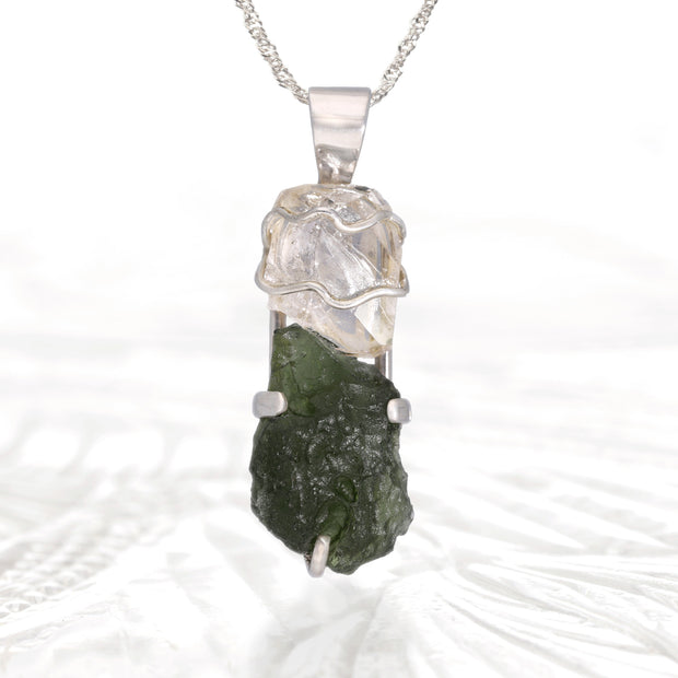 Quartz Crystal & Real Moldavite Pendant