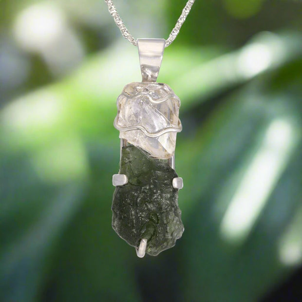 Quartz Crystal & Real Moldavite Pendant