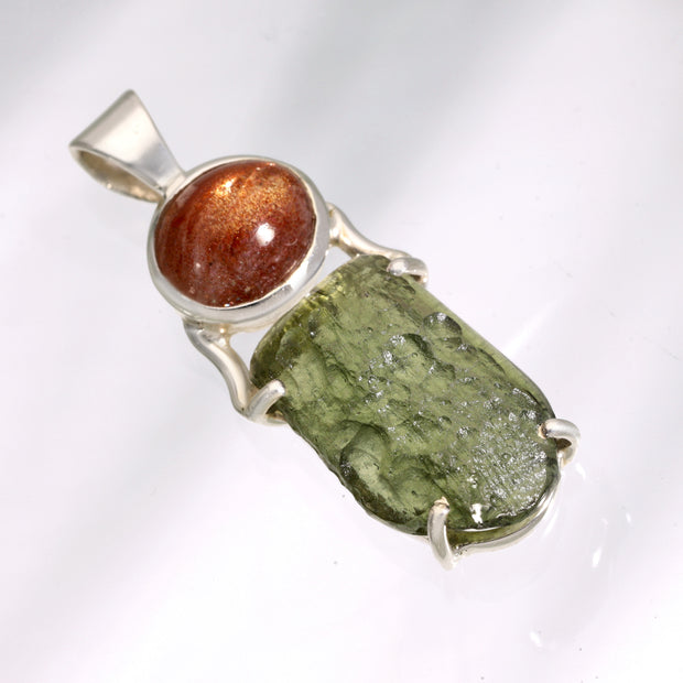 Sunstone & Moldavite Silver Pendant