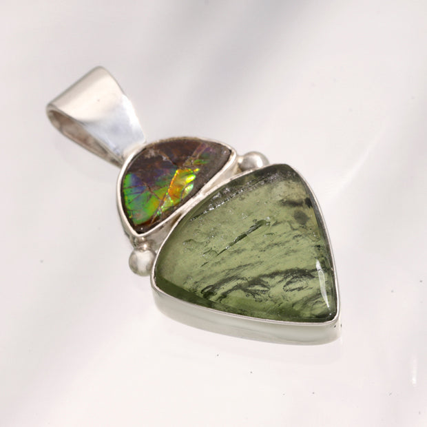 Ammolite & Genuine Moldavite Pendant