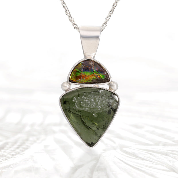 Ammolite & Genuine Moldavite Pendant