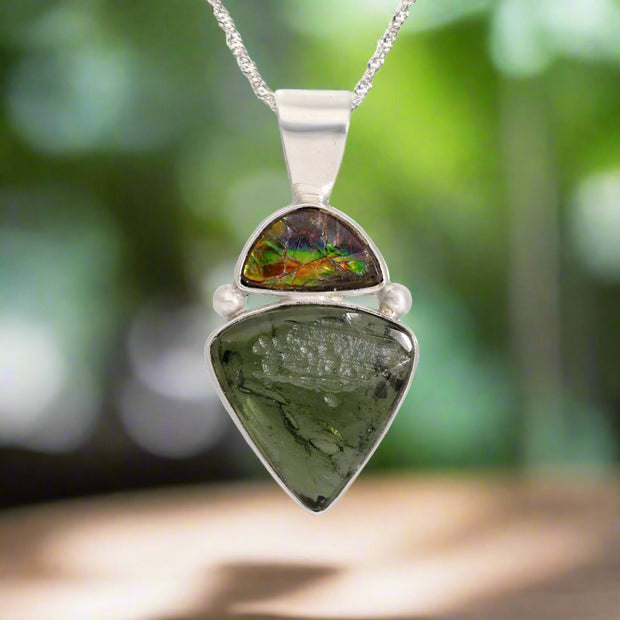 Ammolite & Genuine Moldavite Pendant