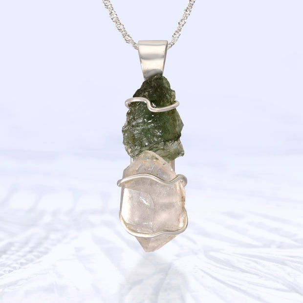 Genuine Moldavite & Quartz Pendant