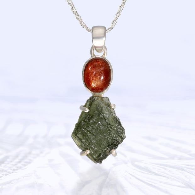 Sunstone & Real Moldavite Pendant