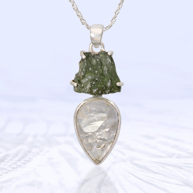 Genuine Moldavite & Quarts Pendant