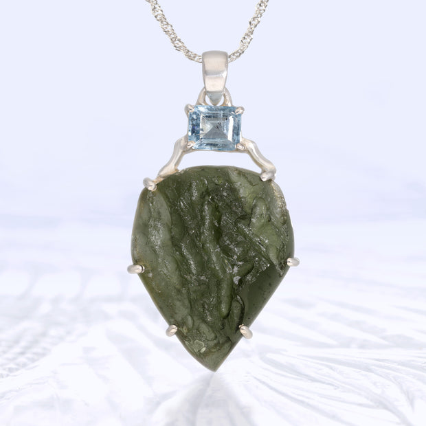 Large Aquamarine & Real Moldavite Pendant