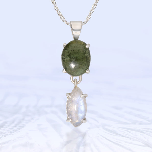 Polished Moldavite & Moonstone Pendant