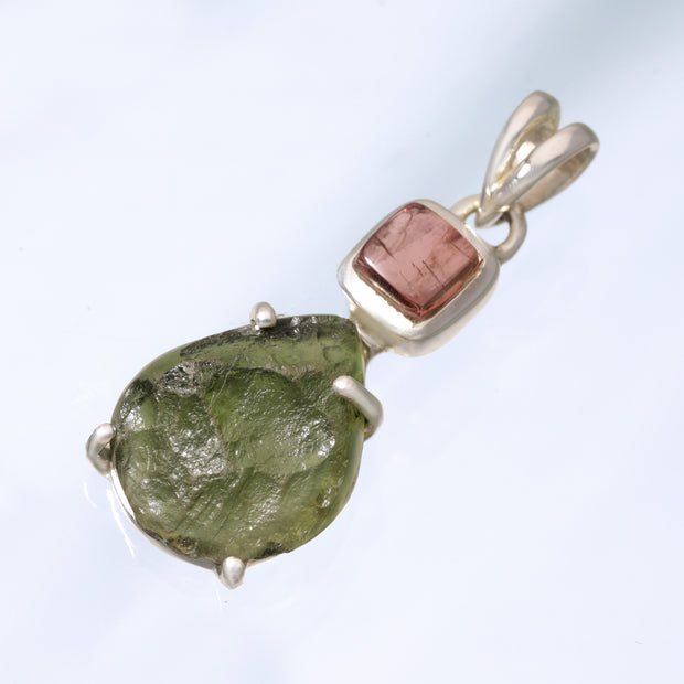Pink Tourmaline & Genuine Moldavite Pendant