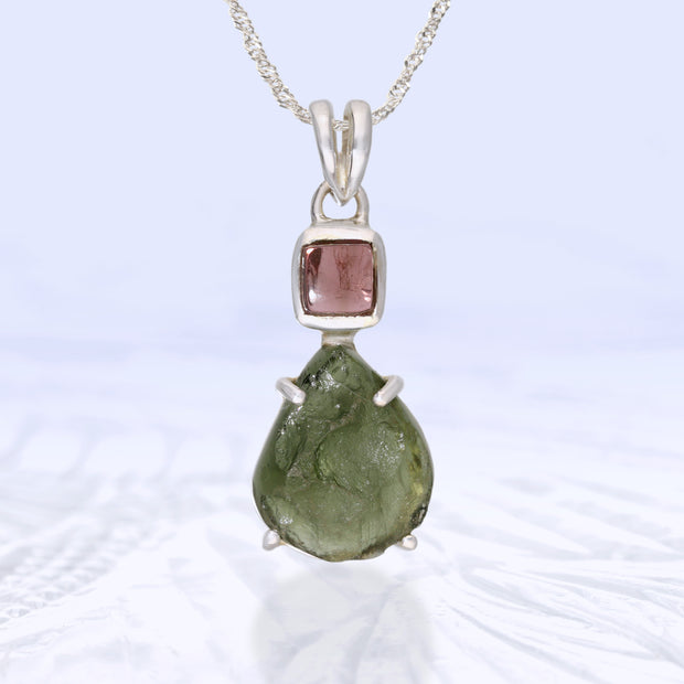 Pink Tourmaline & Genuine Moldavite Pendant