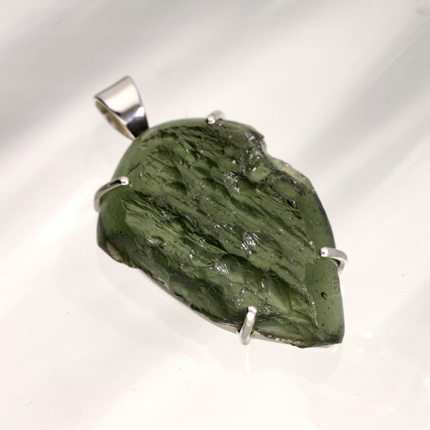 Large Genuine Moldavite Silver Pendant