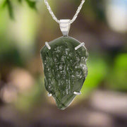 Large Genuine Moldavite Silver Pendant