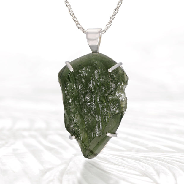 Large Genuine Moldavite Silver Pendant