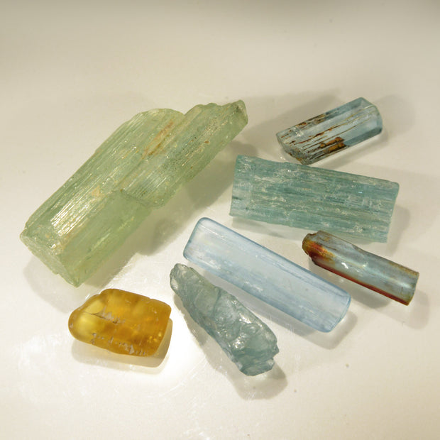 Set of 7 Natural Aquamarine & Yellow Beryl Crystals