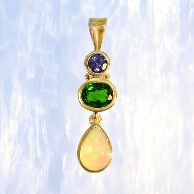 Tanzanite, Chrome Diopside & Opal 9kt Gold Pendant