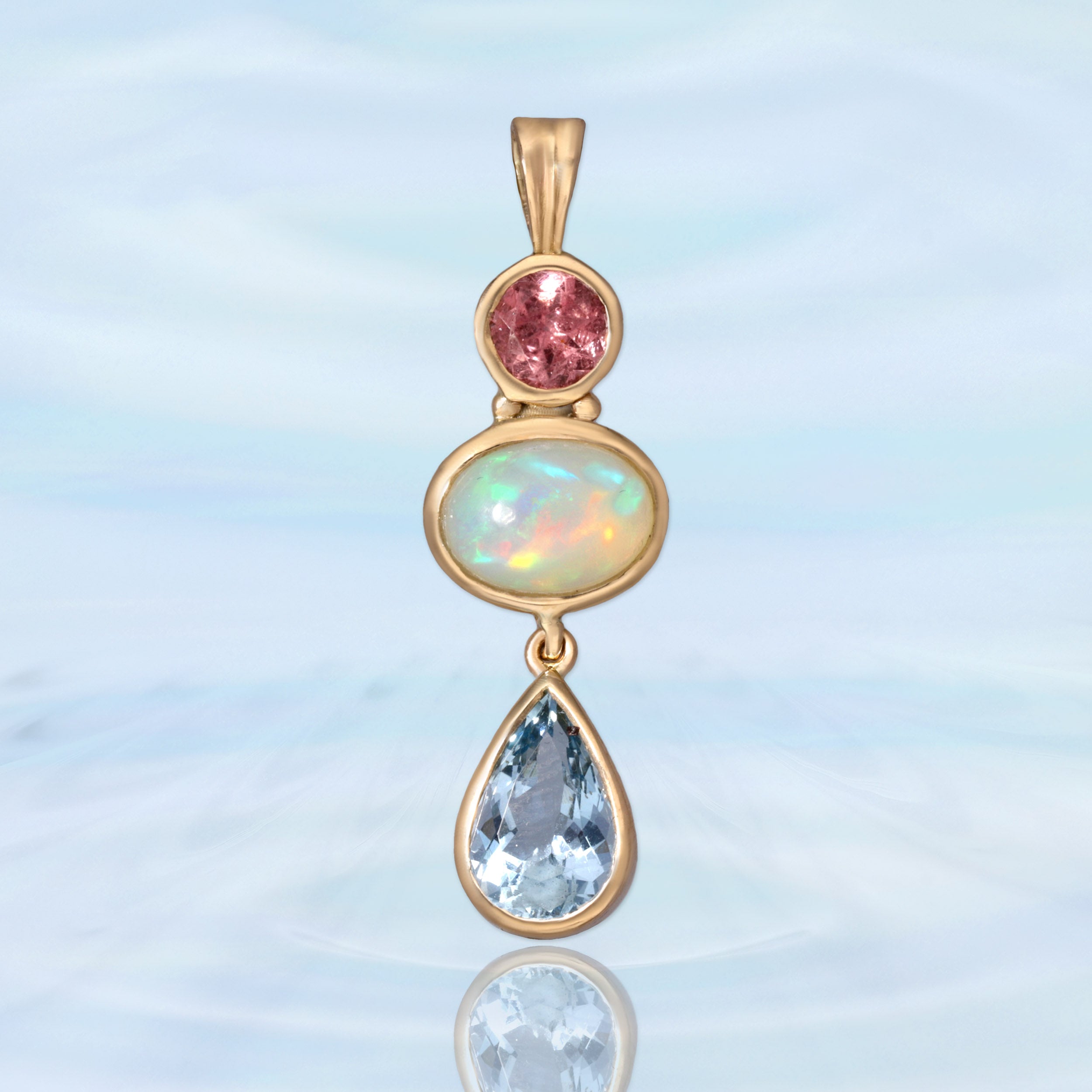 Pink Tourmaline, Opal & Aquamarine Gold Pendant