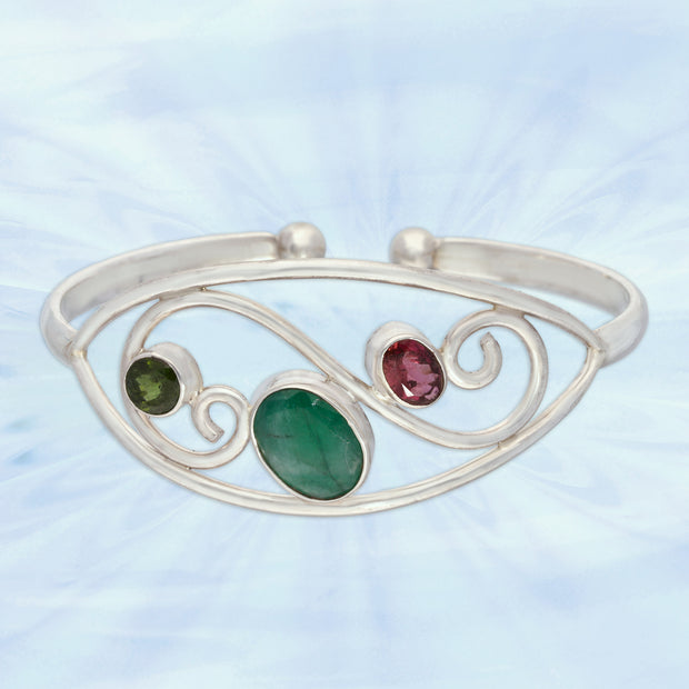 Green Tourmaline, Emerald & Rubellite Silver Bracelet