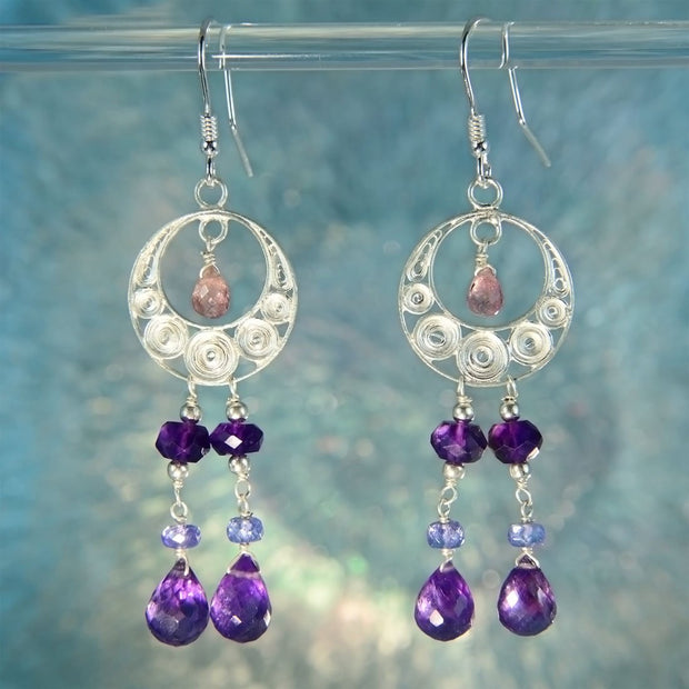 Amethyst, Pink Tourmaline & Tanzanite Beaded Filigree Earrings