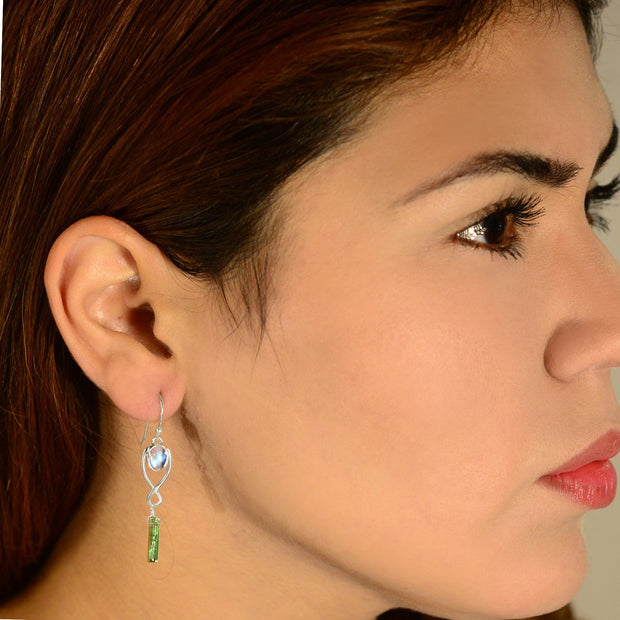 Blue Moonstone & Green Tourmaline Crystal Earrings - Arkadia Designs