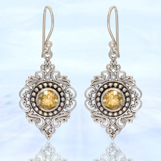 Bright Citrine Silver Mandala Earrings