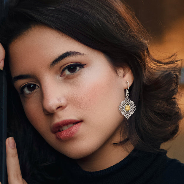 Bright Citrine Silver Mandala Earrings