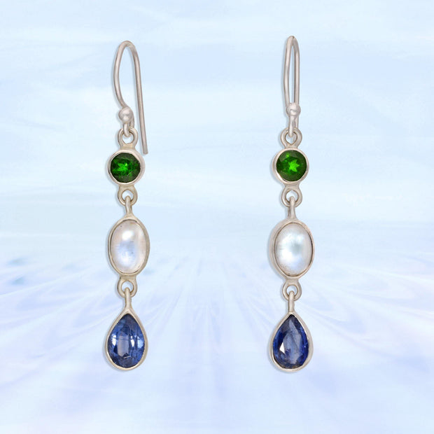Chrome Diopside, Moonstone, Blue Kyanite Earrings - Arkadia Designs