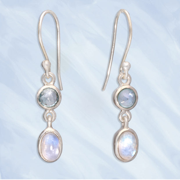 Natural Blue Zircon & Rainbow Moonstone Earrings