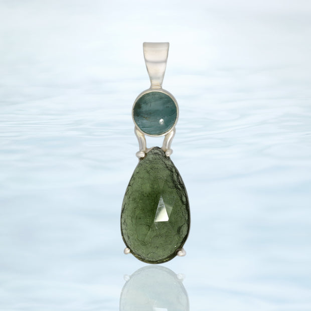 Indicolite Tourmaline & Faceted Moldavite Pendant