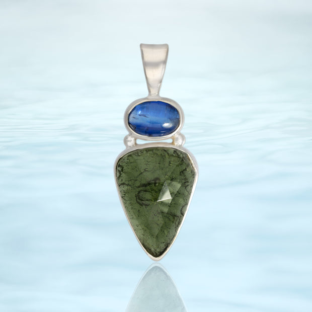 Blue Kyanite & Genuine Moldavite Silver Pendant