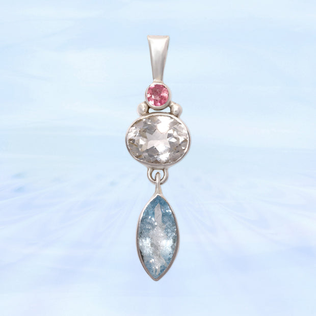 Pink Tourmaline, White Topaz & Aquamarine Pendant
