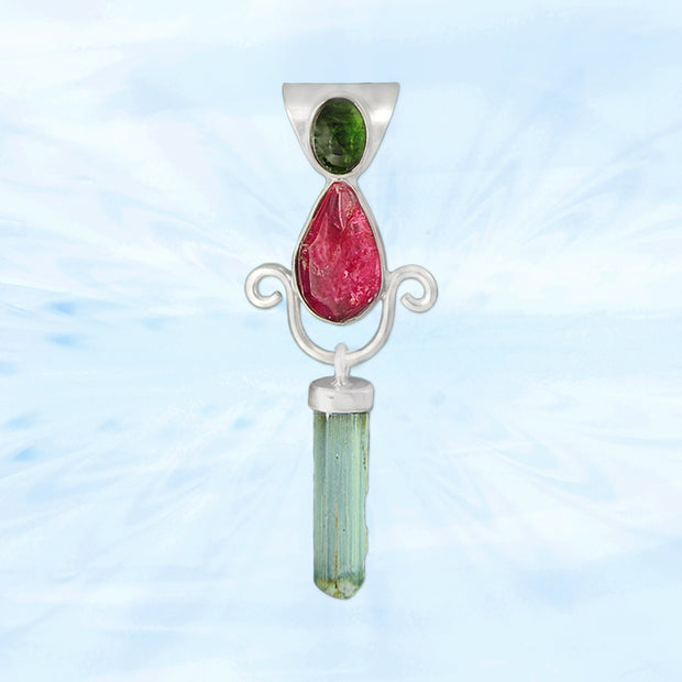 Green Tourmaline, Rubellite and Aquamarine Crystal Pendant