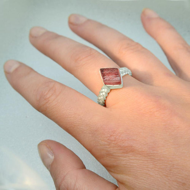 Beautiful Diamond Shaped Pink Tourmaline Crystal Ring Size 8