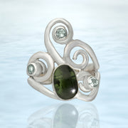 Moldavite & Aquamarine Silver Ring Size 7 ½